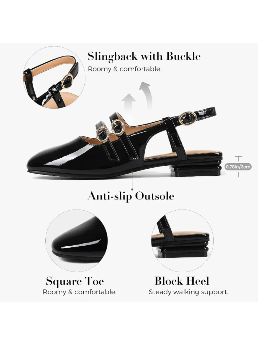 Women's Black Closed Square Toe Strap Slingback Low Heels Pumps for Party Dress